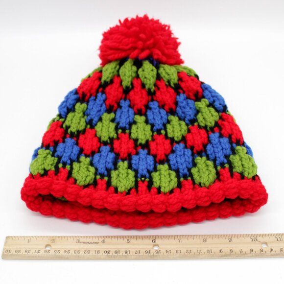 Vintage Hand Knit Pom Pom Beanie, Colorful Unisex Hat - Picture 5 of 6